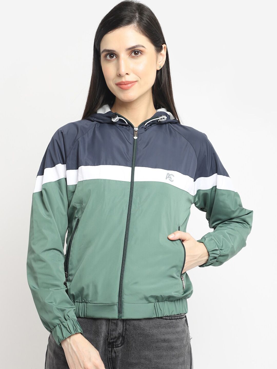 ANTI CULTURE Women Navy Blue Colourblocked Windcheater and Water Resistant Crop Outdoor Bomber with Jacket Price in India