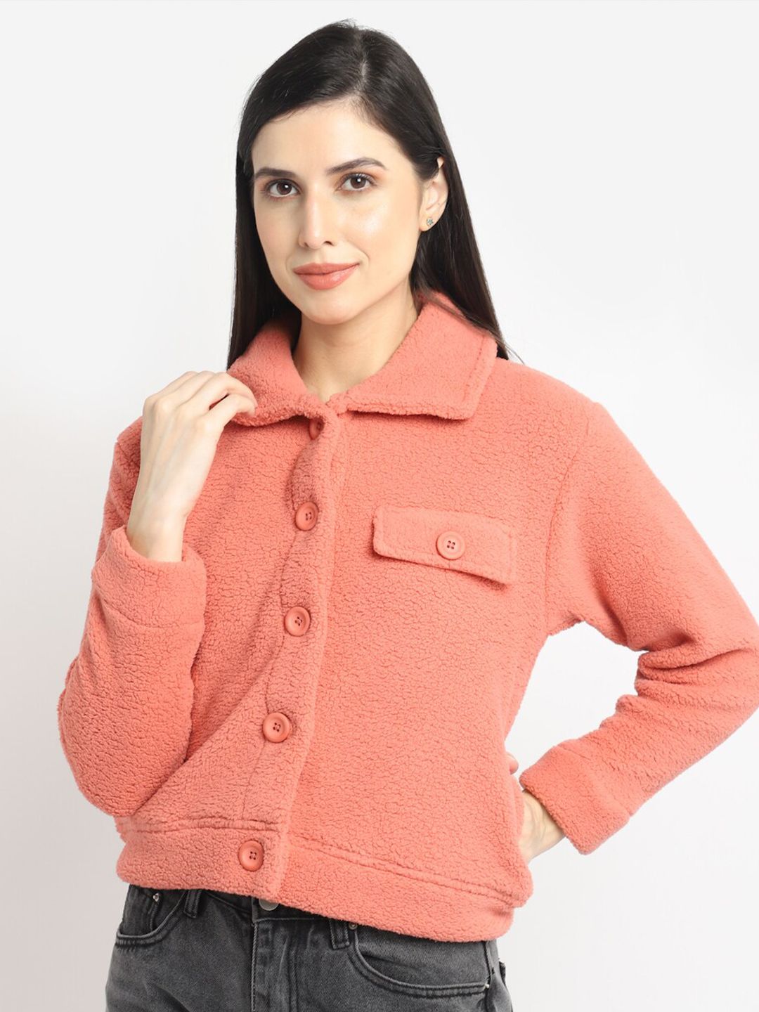 ANTI CULTURE Women Coral Solid Cotton Sweatshirt Price in India