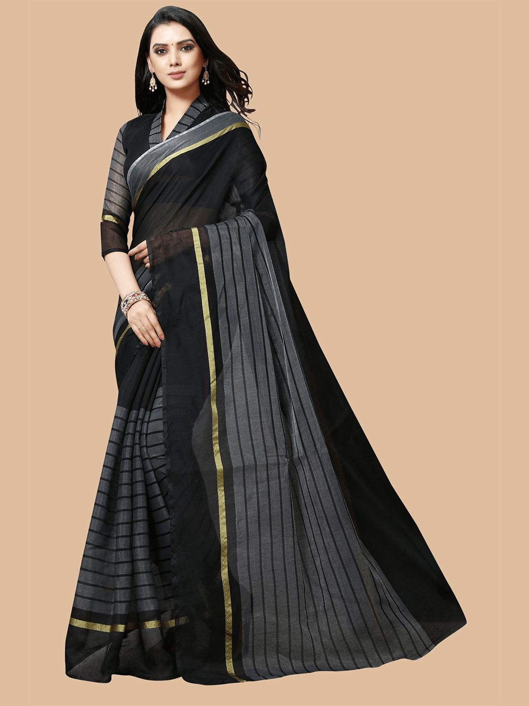 KALINI Women  Black & Gold-Toned Cotton Blend Striped Saree Price in India