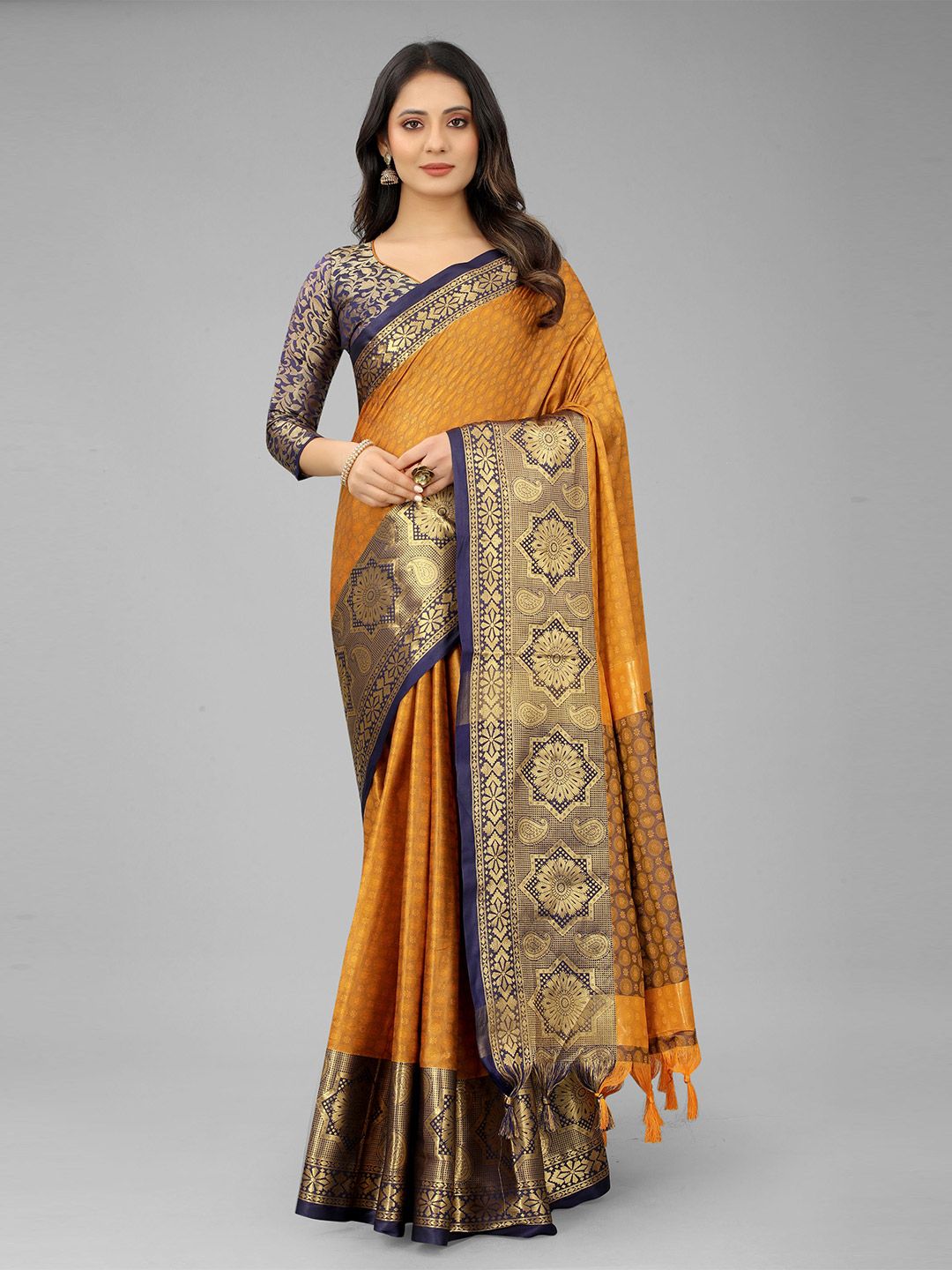 WILORI Mustard & Grey Woven Design Zari Silk Cotton Mysore Silk Saree Price in India