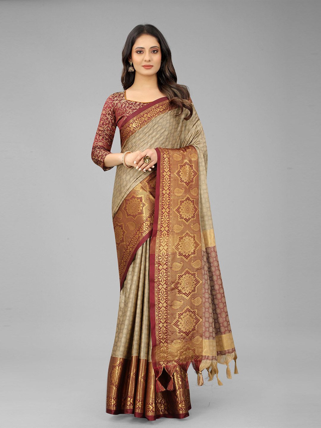 WILORI Women Beige & Gold-Toned Woven Design Zari Silk Cotton Mysore Silk Saree Price in India