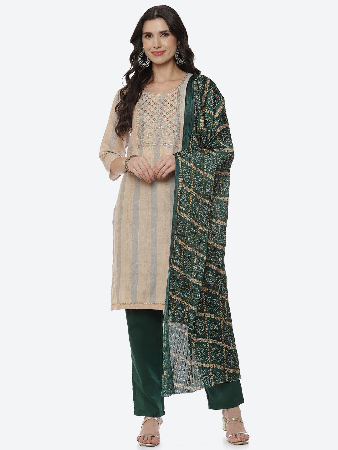 Biba Women Beige & Green Printed Unstitched Dress Material Price in India