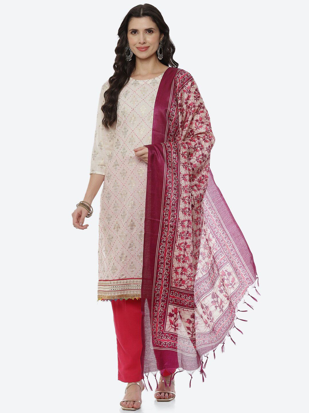Biba Women Fuchsia & White Printed Unstitched Dress Material Price in India