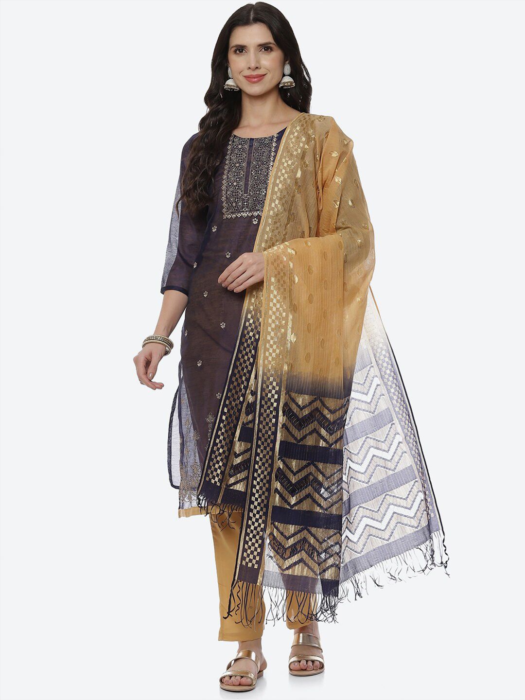 Biba Women Blue & Gold-Toned Printed Unstitched Dress Material Price in India