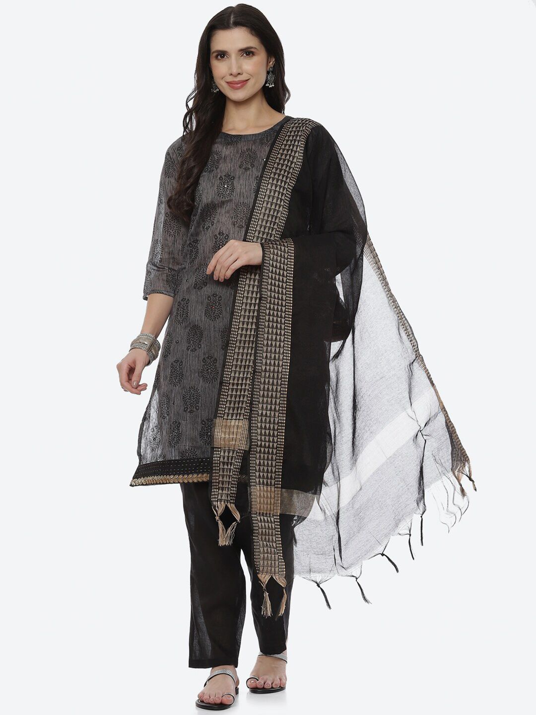 Biba Women Grey & Black Printed Unstitched Dress Material Price in India