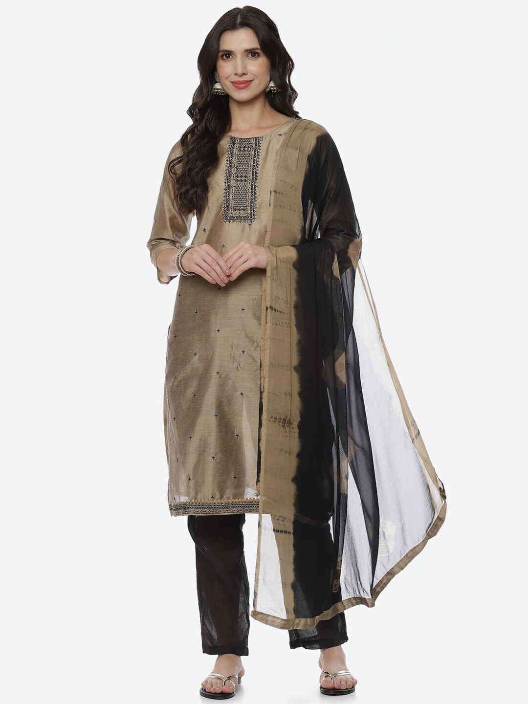 Biba Women Beige & Grey Printed Unstitched Dress Material Price in India