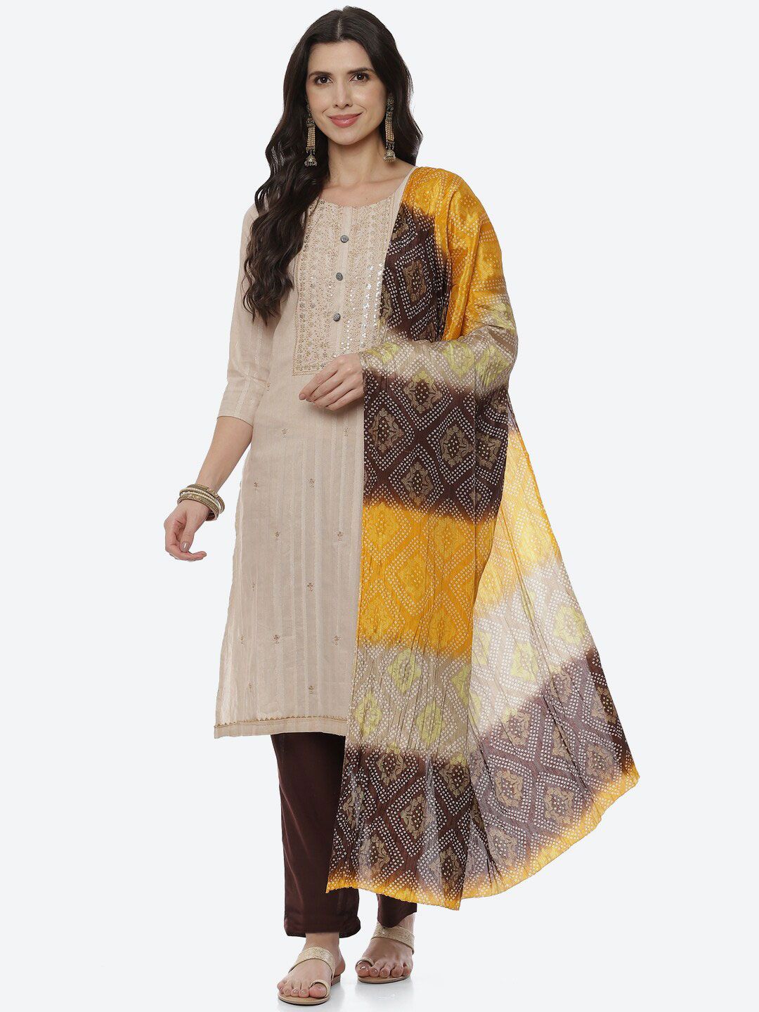Biba Women Brown & Yellow Embroidered Unstitched Dress Material Price in India