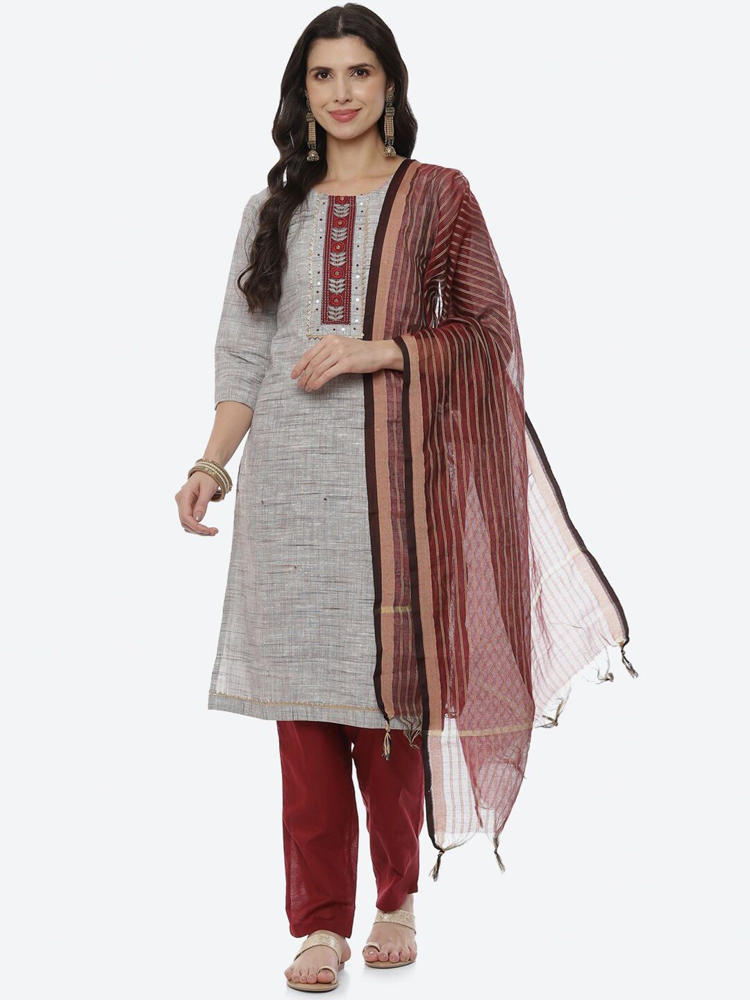 Biba Women Grey & Brown Printed Unstitched Dress Material Price in India