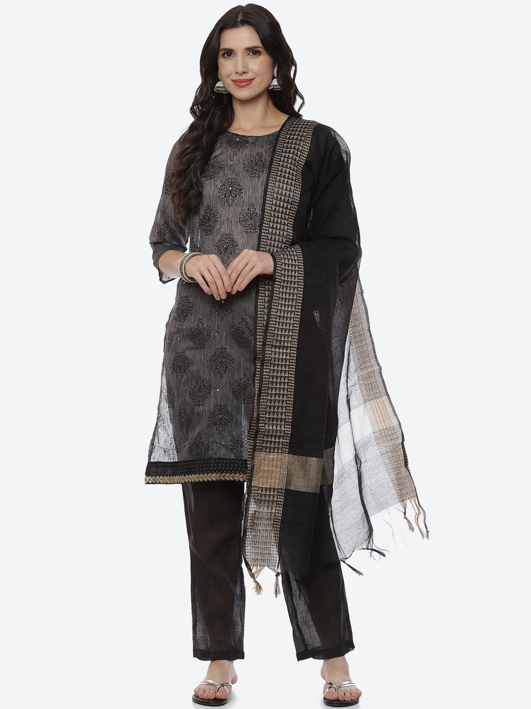 Biba Women Grey Printed Unstitched Dress Material Price in India