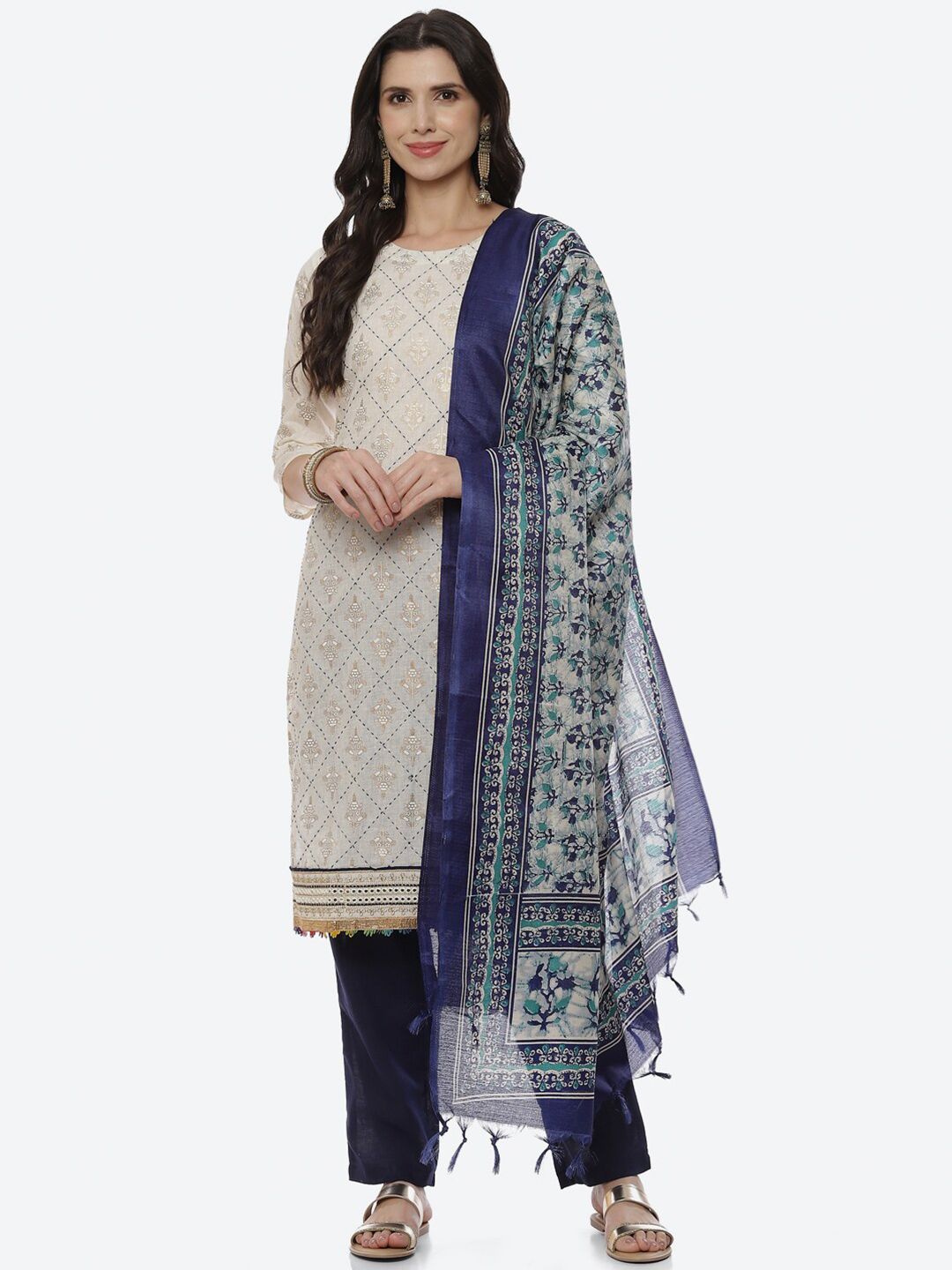 Biba Women Blue & White Printed Unstitched Dress Material Price in India