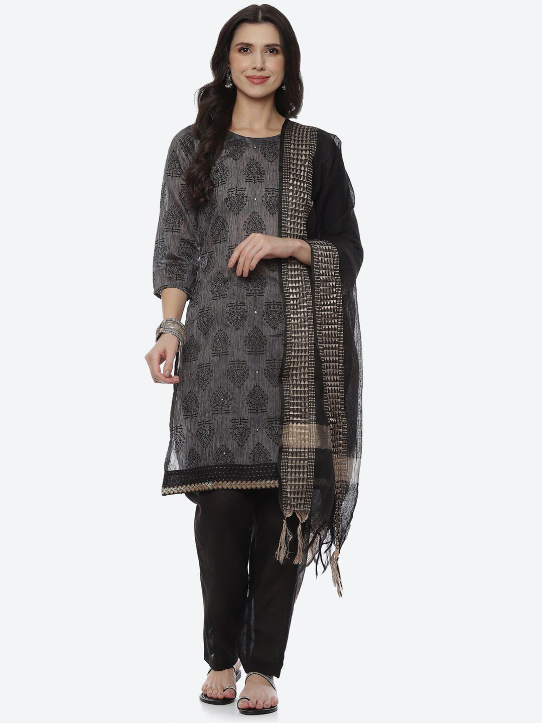 Biba Women Grey & Gold-Toned Printed Unstitched Dress Material Price in India