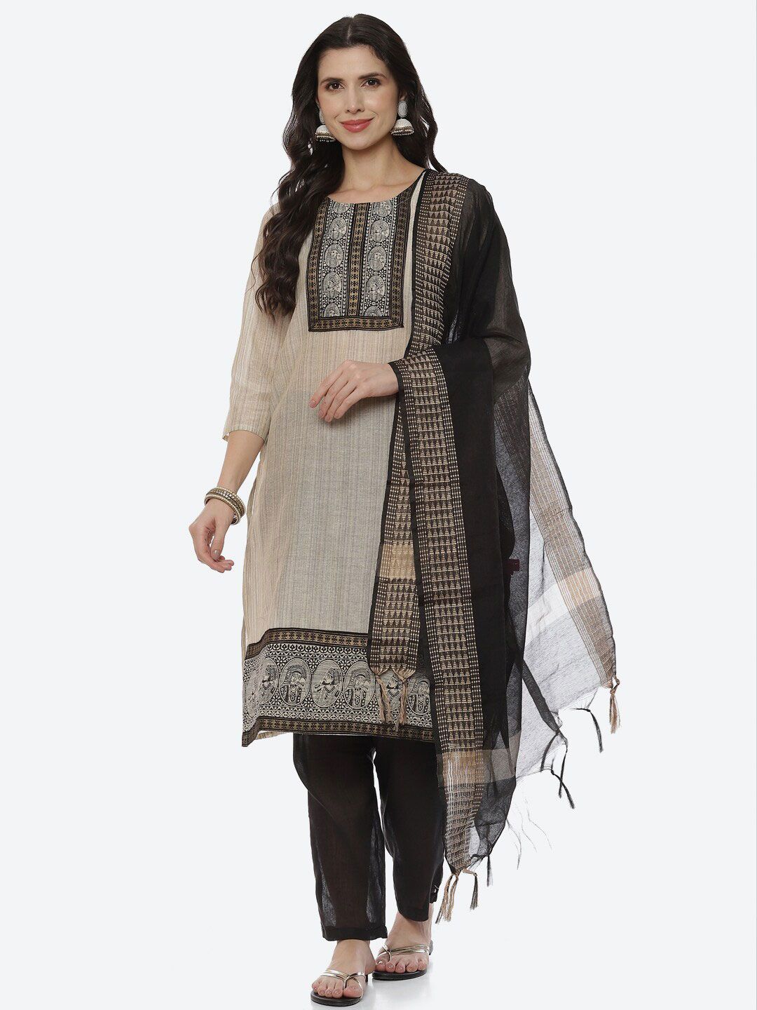 Biba Women Off White & Grey Printed Unstitched Dress Material Price in India