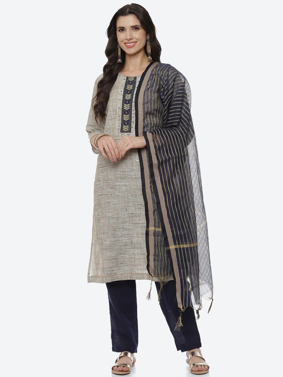 Biba Women Grey & Black Printed Unstitched Dress Material Price in India