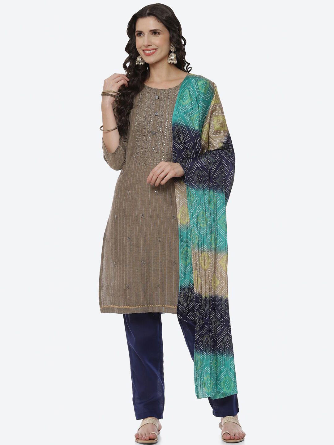 Biba Women Green & Grey Printed Unstitched Dress Material Price in India