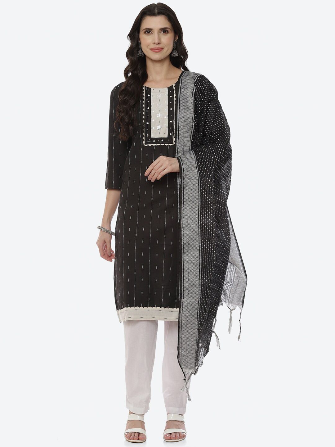 Biba Women Black & White Printed Unstitched Dress Material Price in India