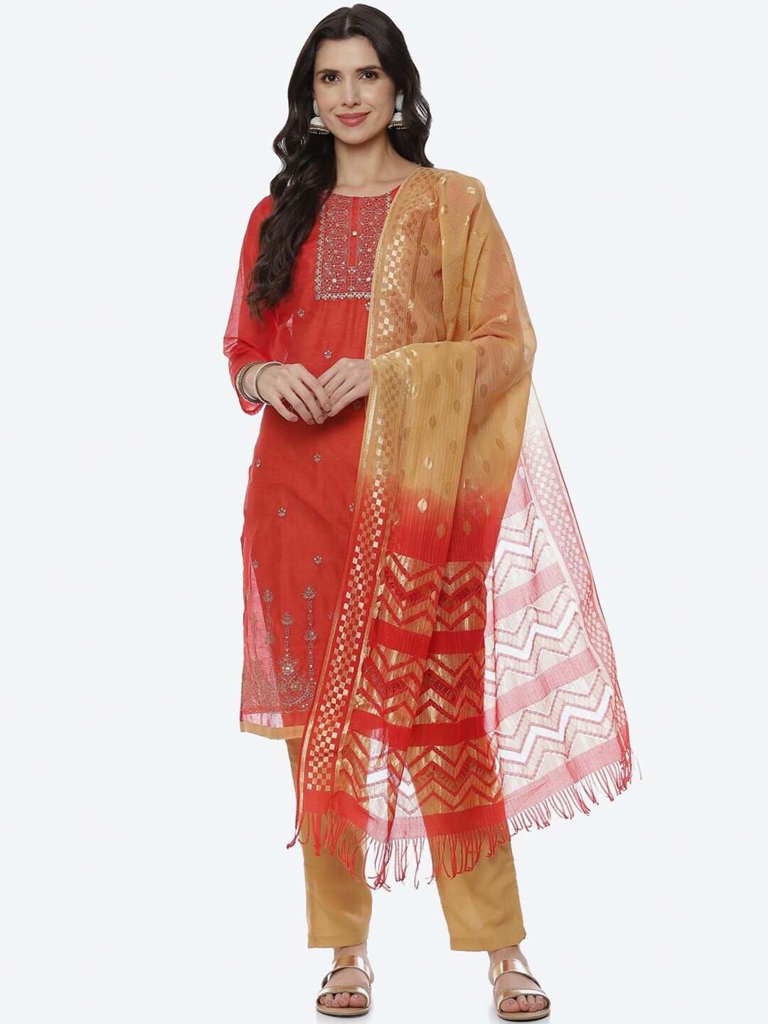 Biba Women Red & Beige Printed Unstitched Dress Material Price in India