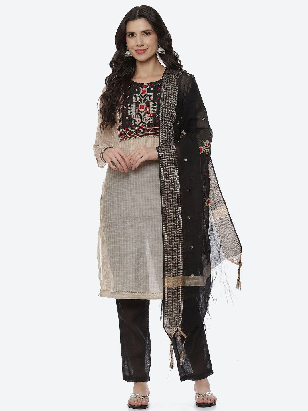 Biba Women Beige & Grey Printed Unstitched Dress Material Price in India