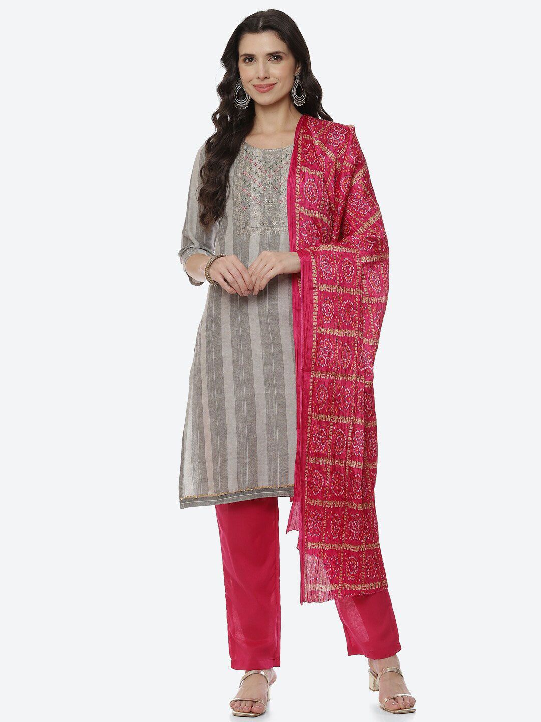Biba Women Grey & Pink Printed Unstitched Dress Material Price in India