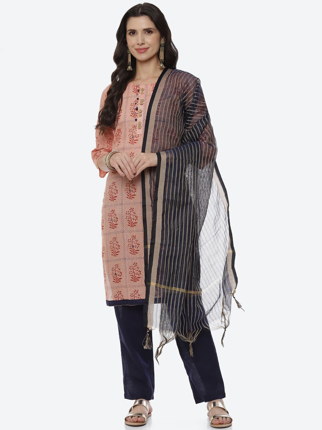 Biba Women Orange & Grey Printed Unstitched Dress Material Price in India