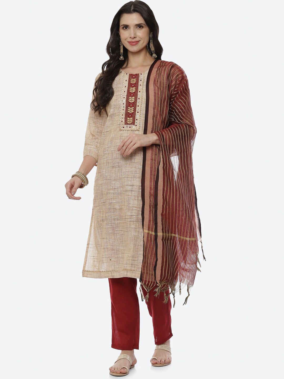 Biba Women Peach-Coloured & Maroon Unstitched Dress Material Price in India