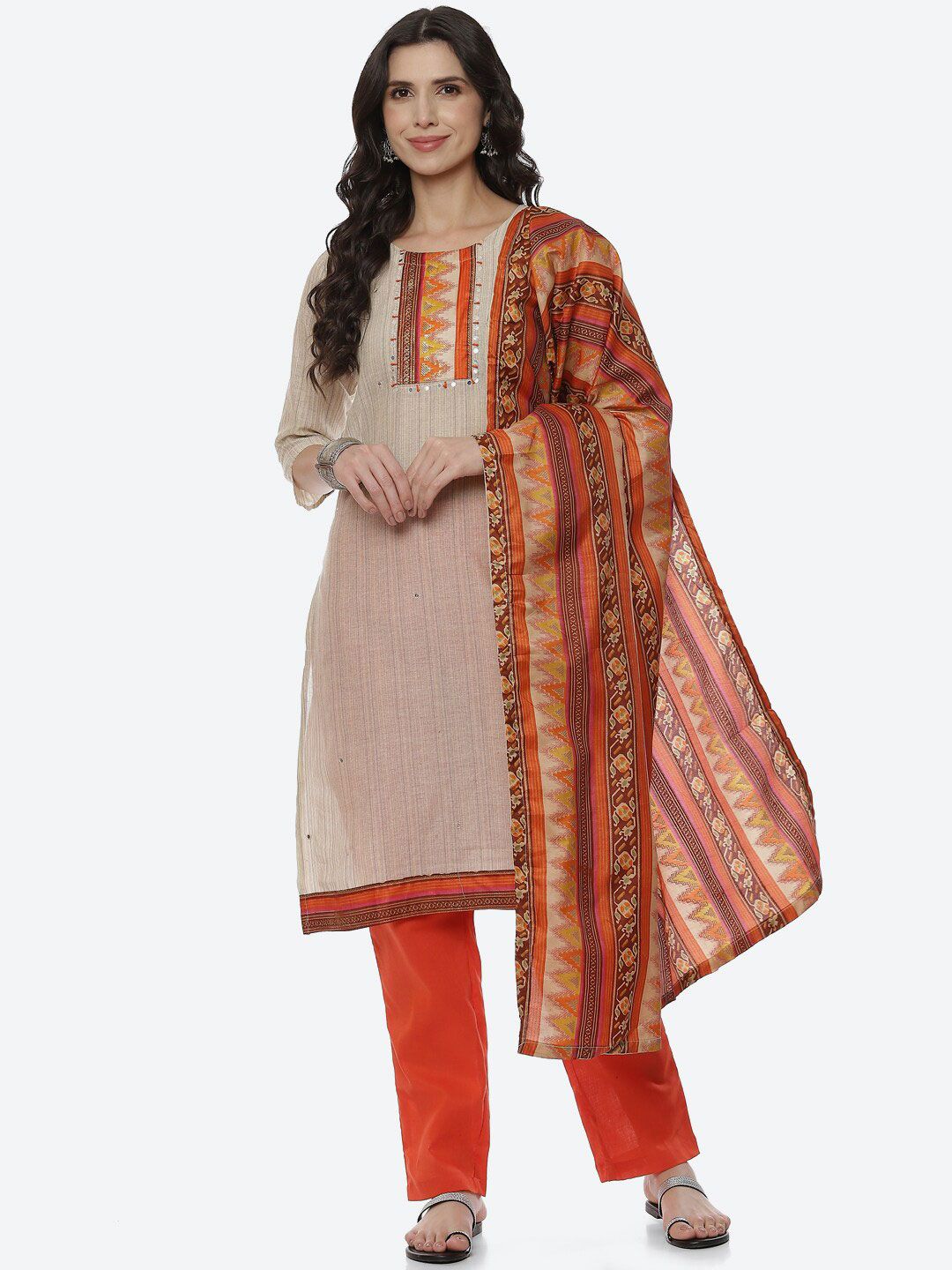 Biba Women Orange & Red Unstitched Dress Material Price in India