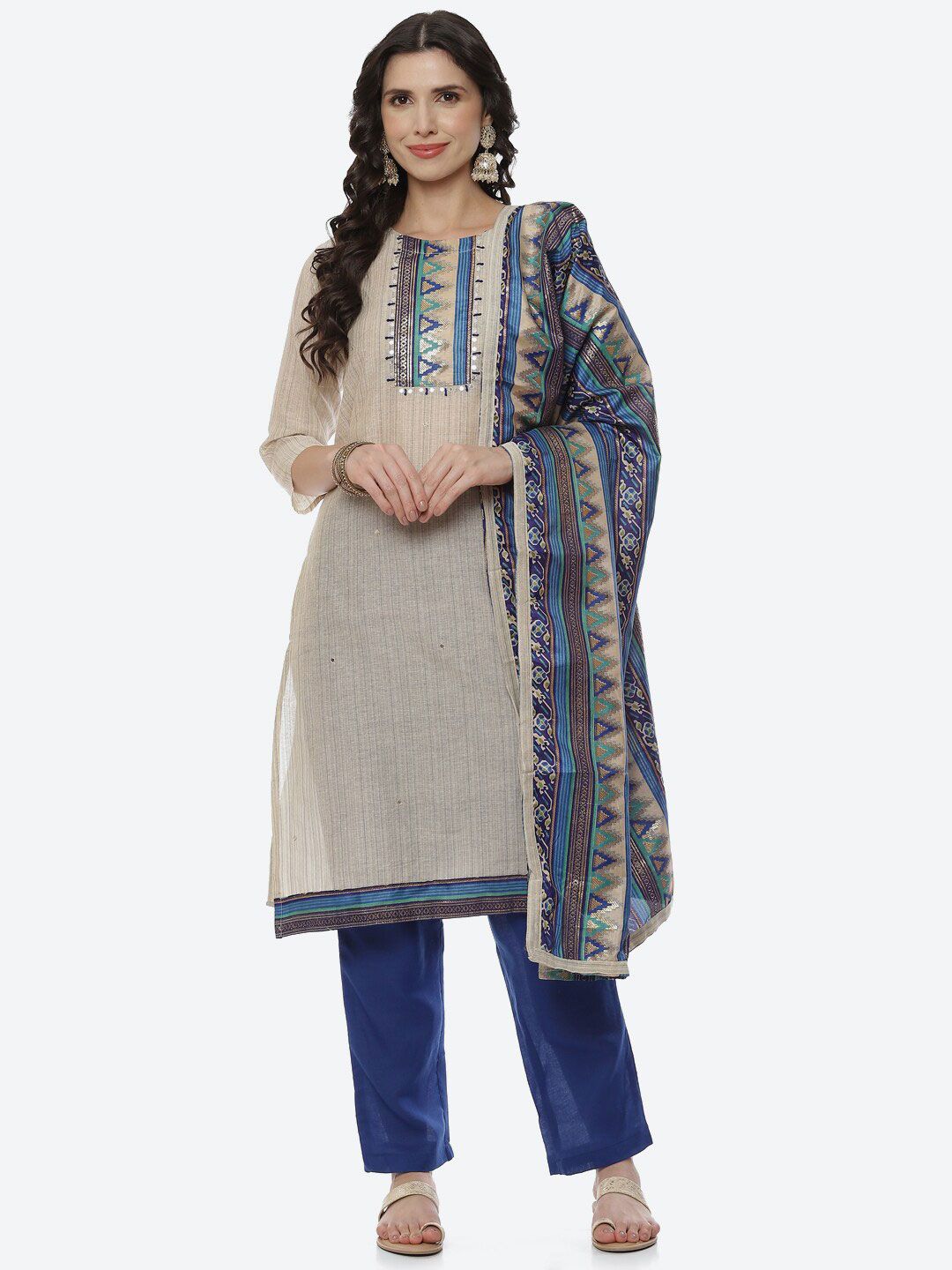 Biba Women Blue & Beige Unstitched Dress Material Price in India