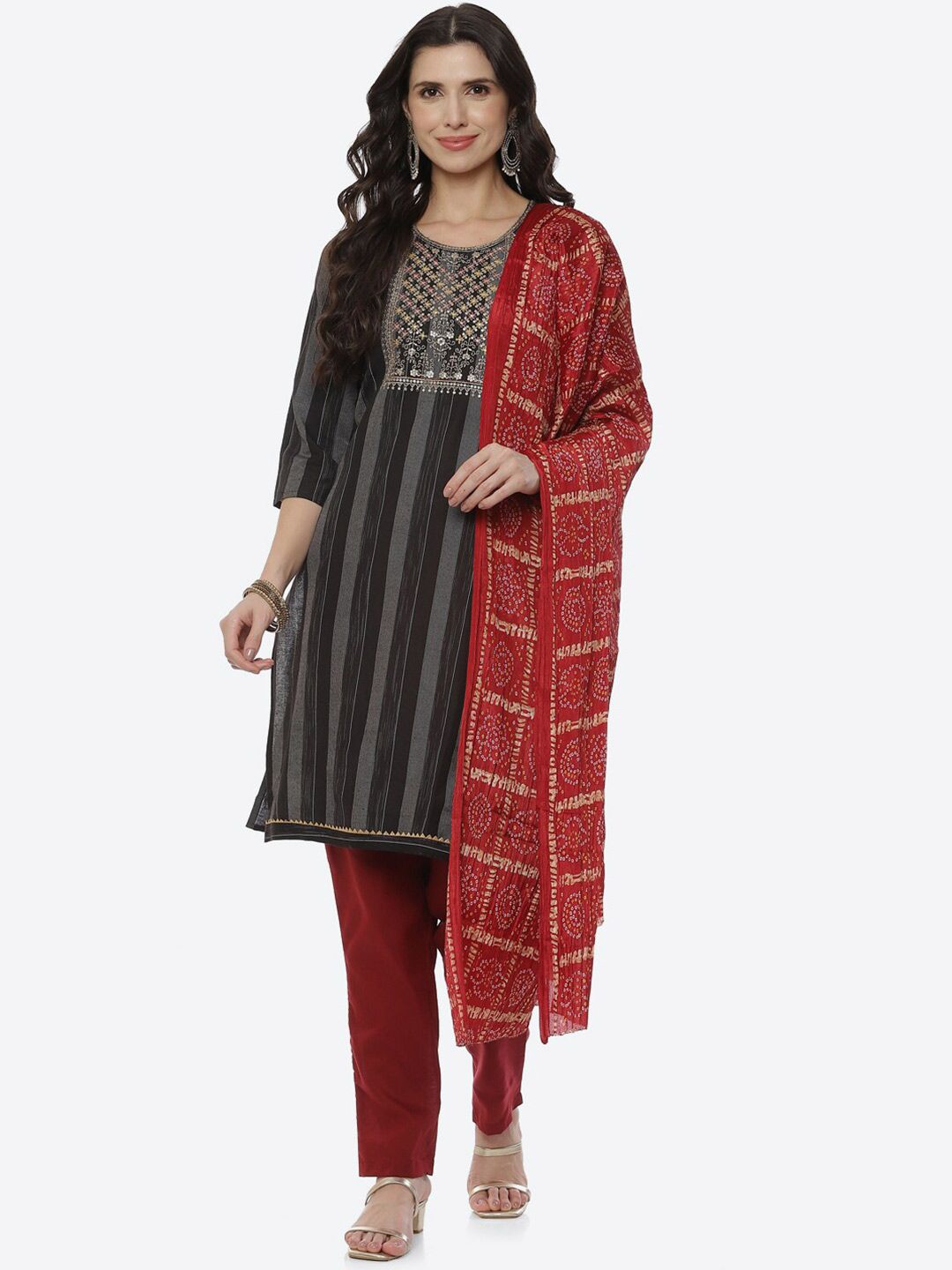 Biba Black & Red Embroidered Unstitched Dress Material Price in India