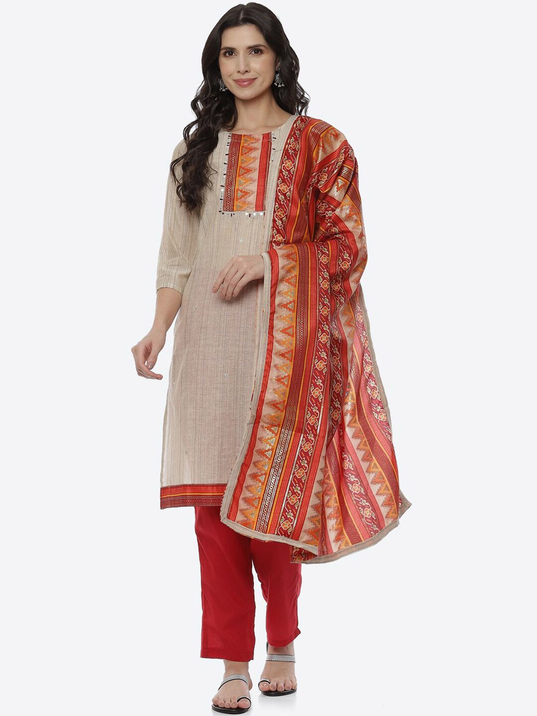 Biba Beige & Maroon Unstitched Dress Material Price in India