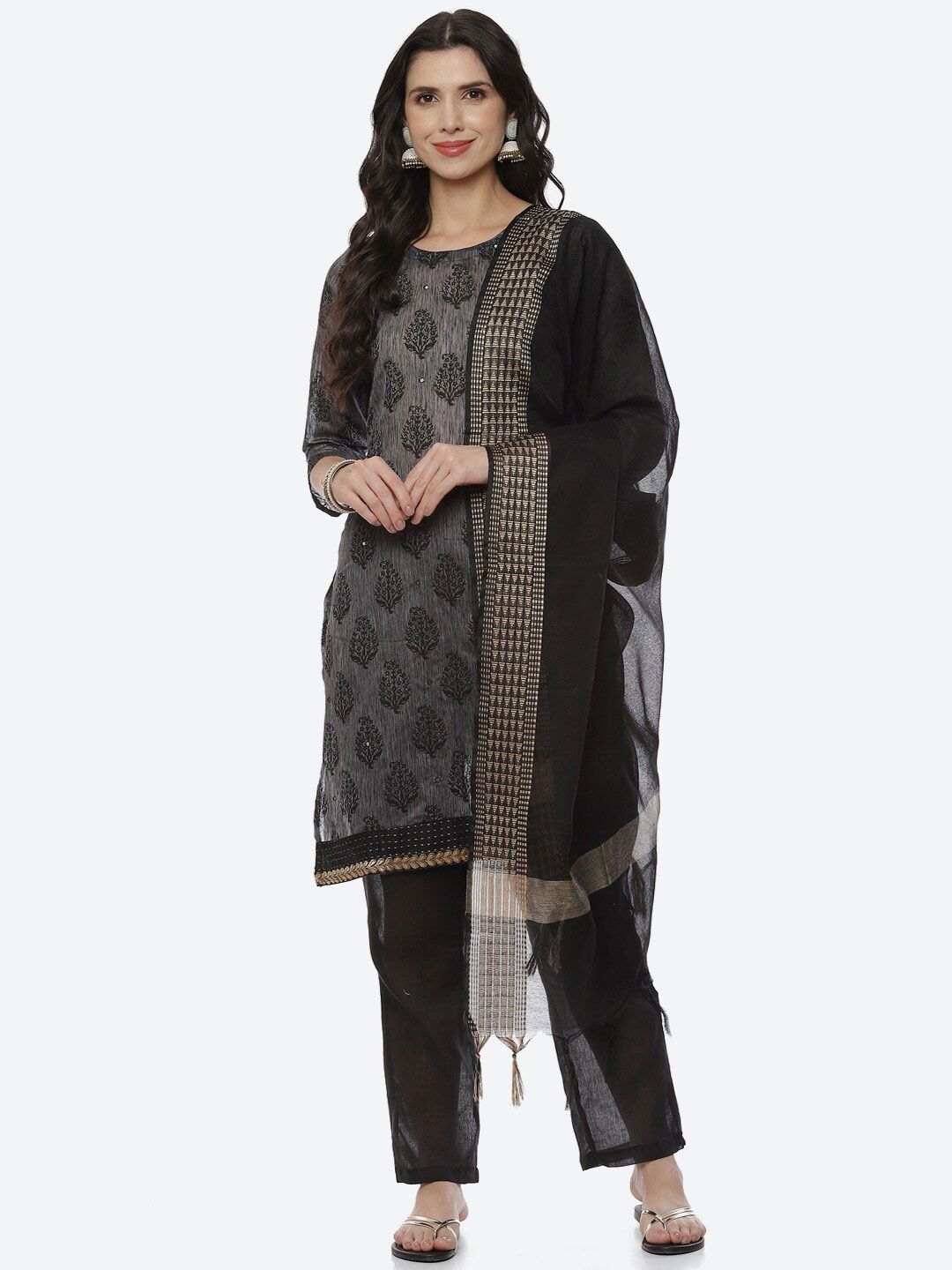 Biba Women Grey & Black Woven Design Unstitched Dress Material Price in India