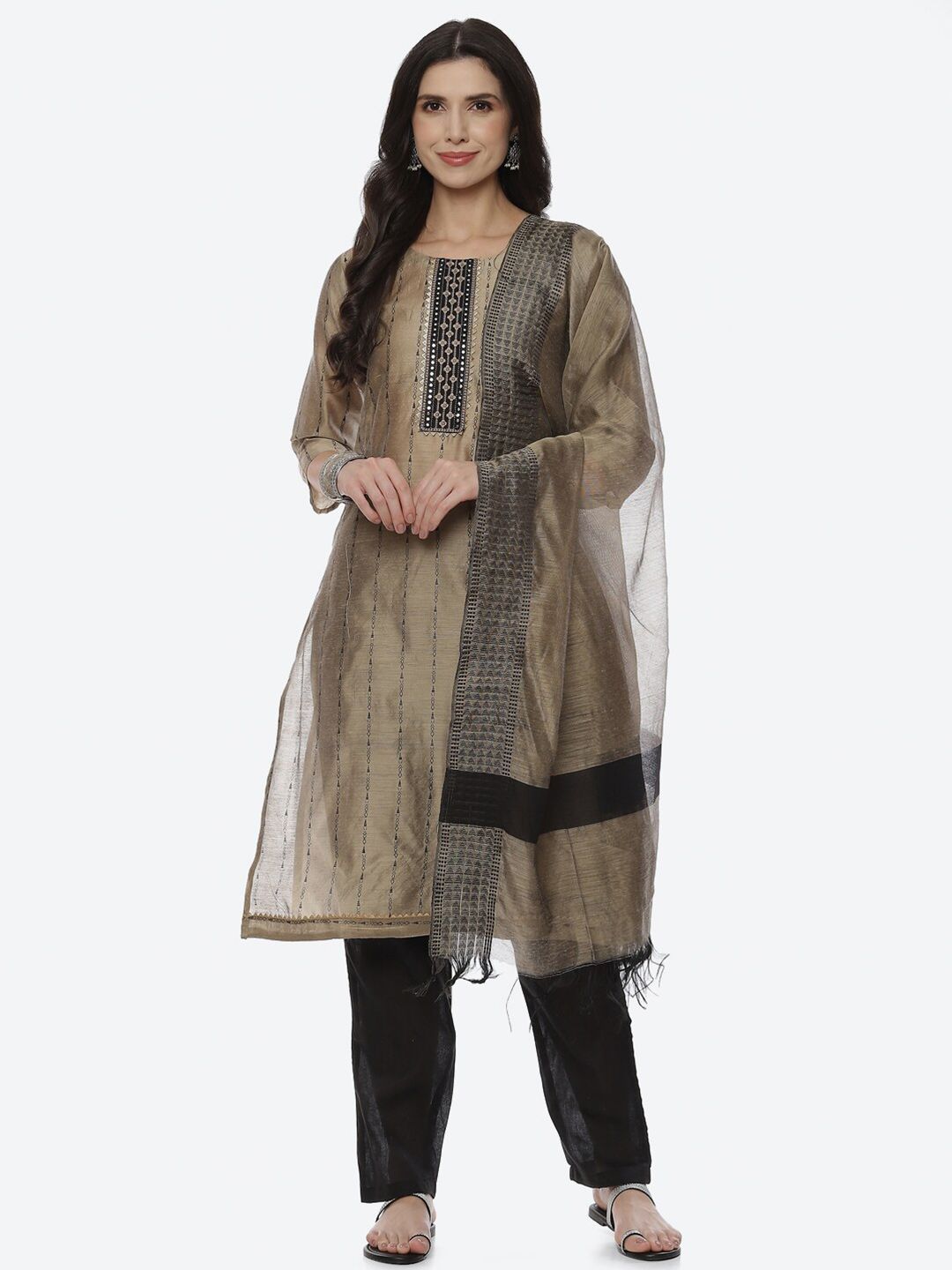 Biba Beige & Black Woven Design Unstitched Dress Material Price in India