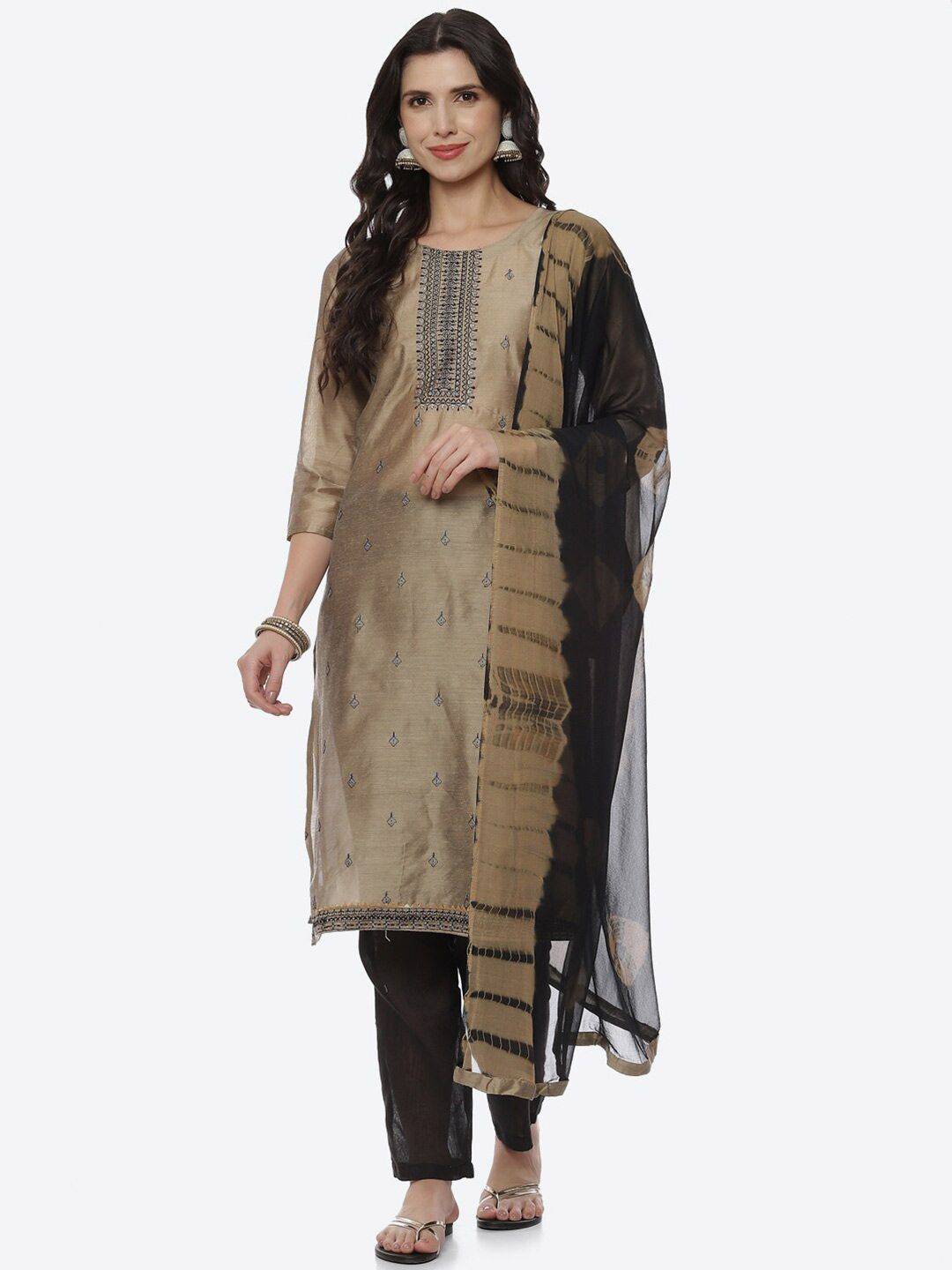 Biba Beige & Black Embroidered Unstitched Dress Material Price in India