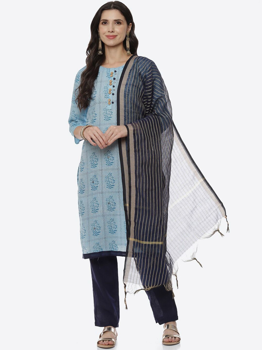 Biba Blue & Navy Blue Printed Unstitched Dress Material Price in India