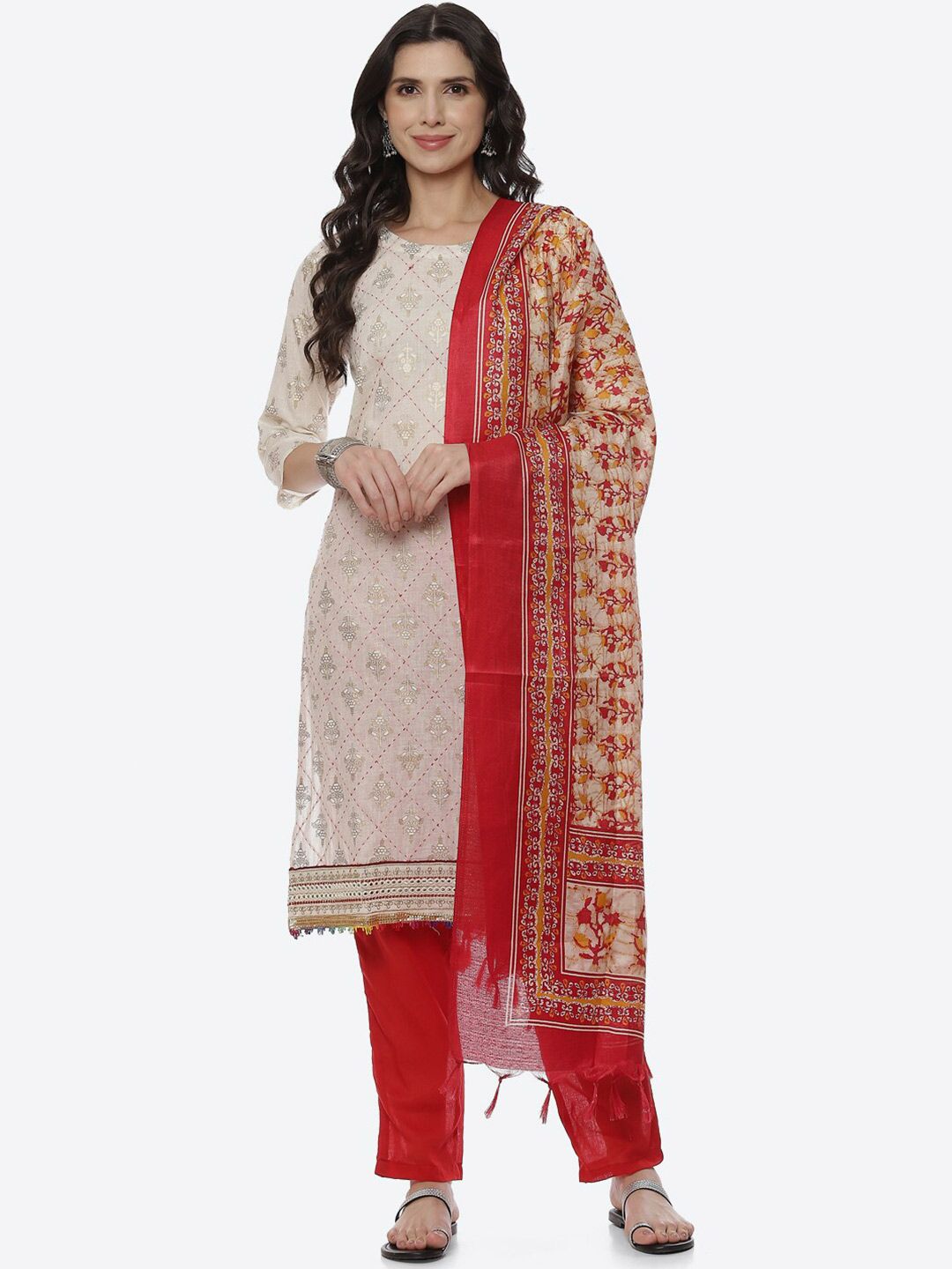 Biba Beige & Maroon Printed Unstitched Dress Material Price in India