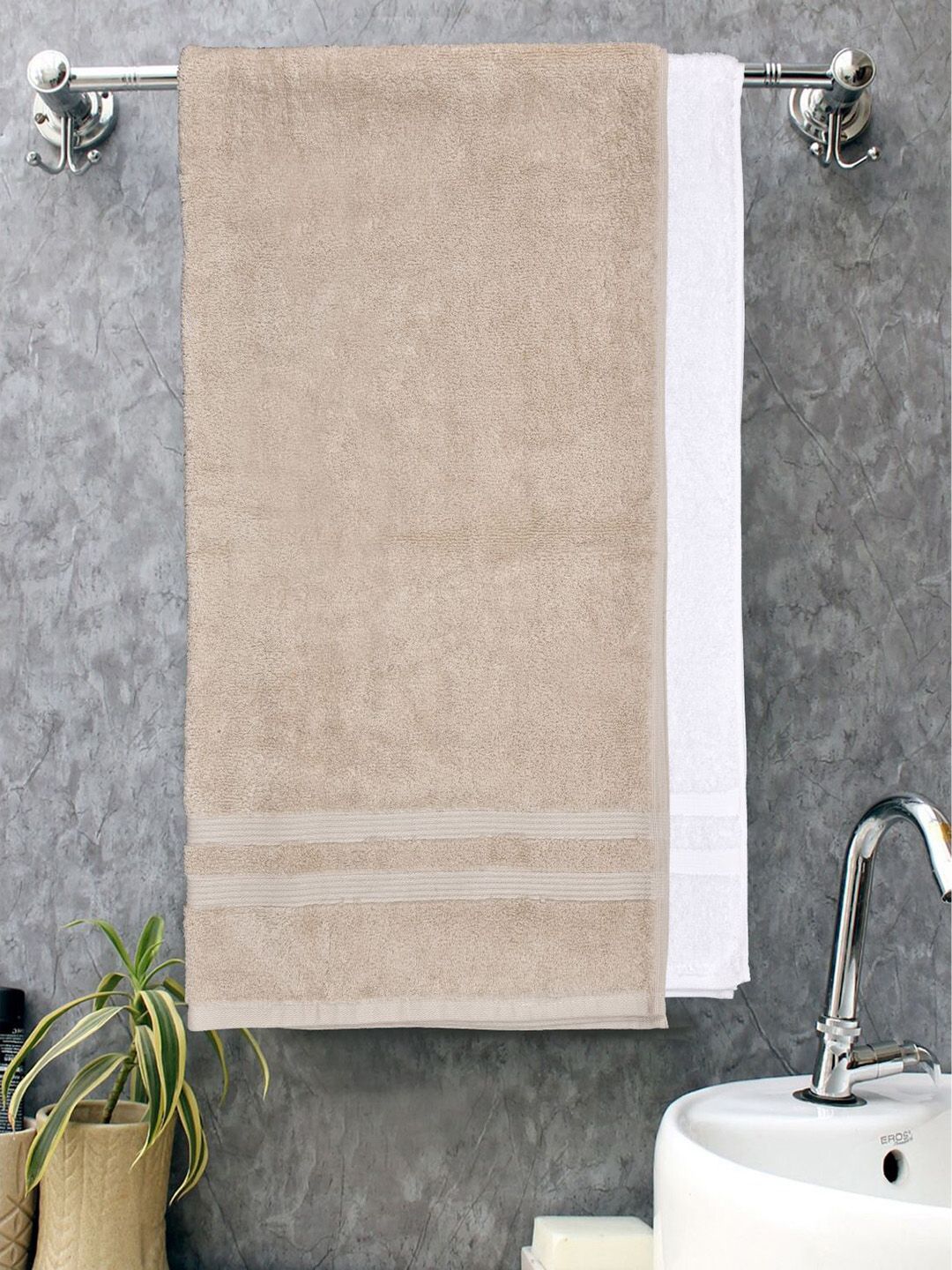 haus & kinder Set Of 2 White And Beige Solid Pure Cotton Zero Twist Bath Towels Price in India