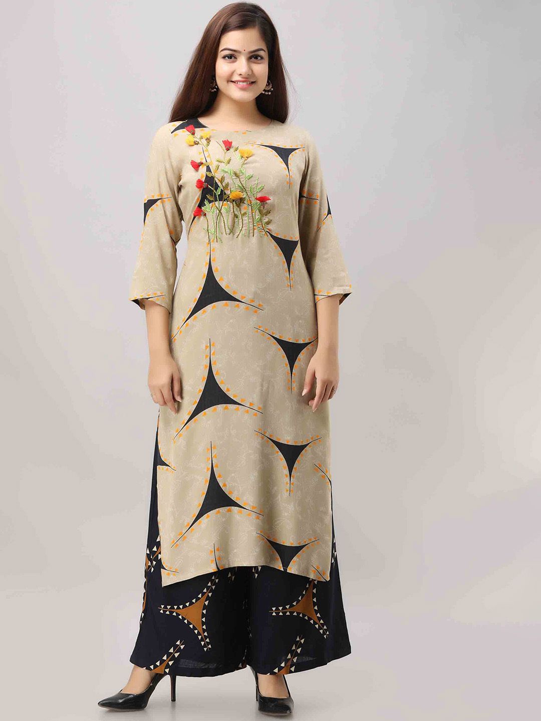 KALINI Women Beige Embroidered Kurta with Palazzos Price in India