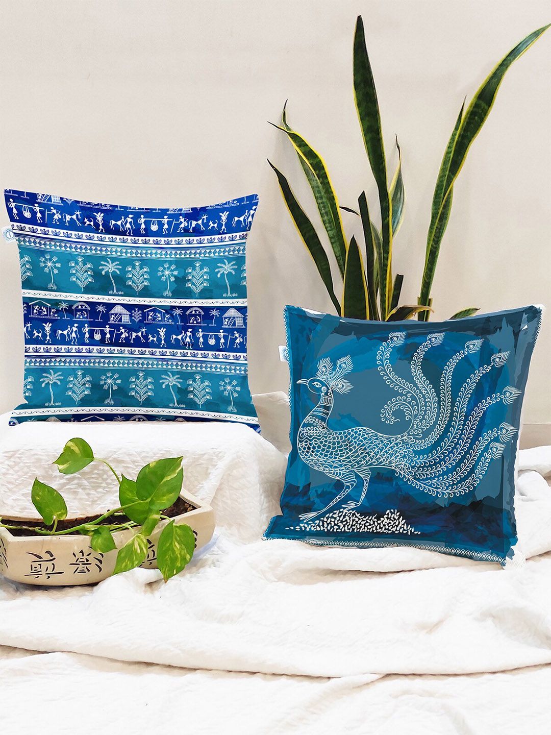 STITCHNEST Set of 2 Blue & White Ethnic Motifs 24'' x 24'' Cushion Cover