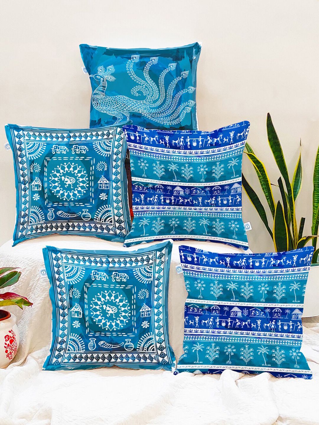 STITCHNEST Set of 5 Blue & White Ethnic Motifs 12'' x 12'' Cushion Cover