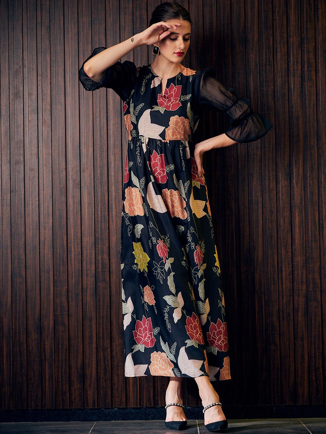 Athena Black Floral A-Line Maxi Dress Price in India
