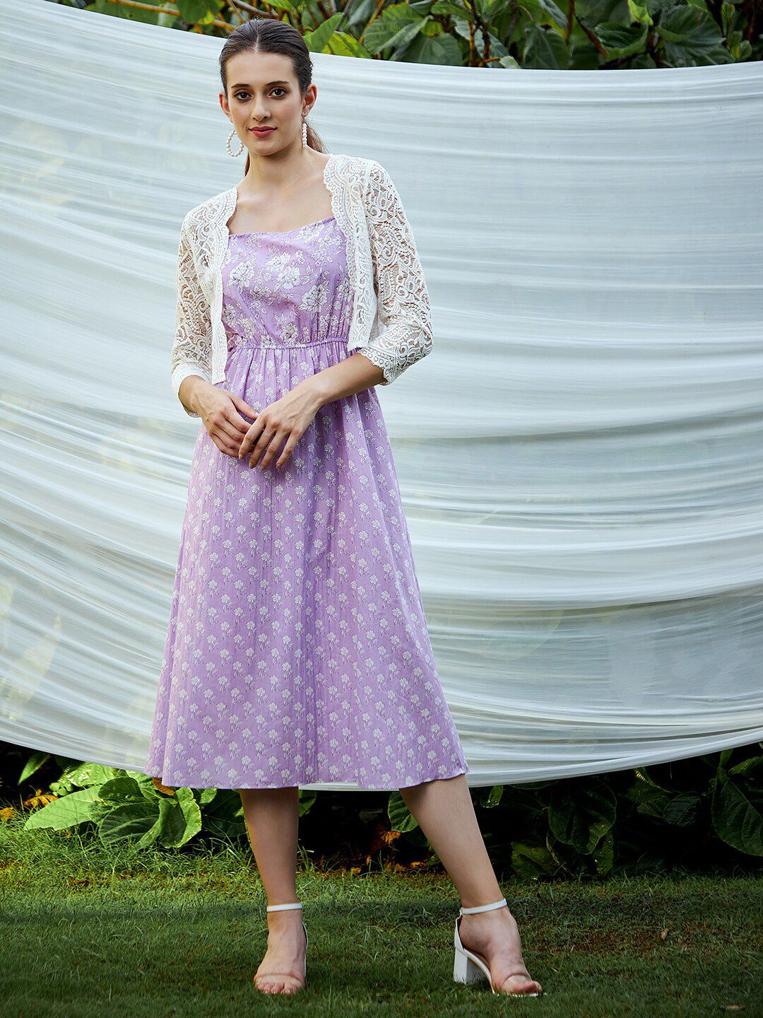Buy Athena Yellow & White Floral Midi Dress With Lace Jacket