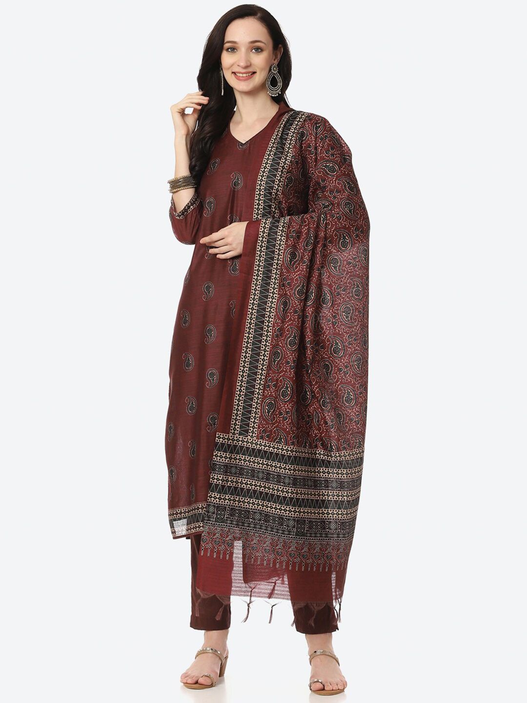 Biba Women Maroon Printed Unstitched Dress Material Price in India