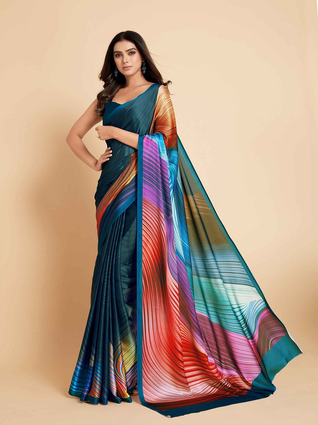Sangria Navy Blue & Violet Satin Ready to Wear Saree Price in India