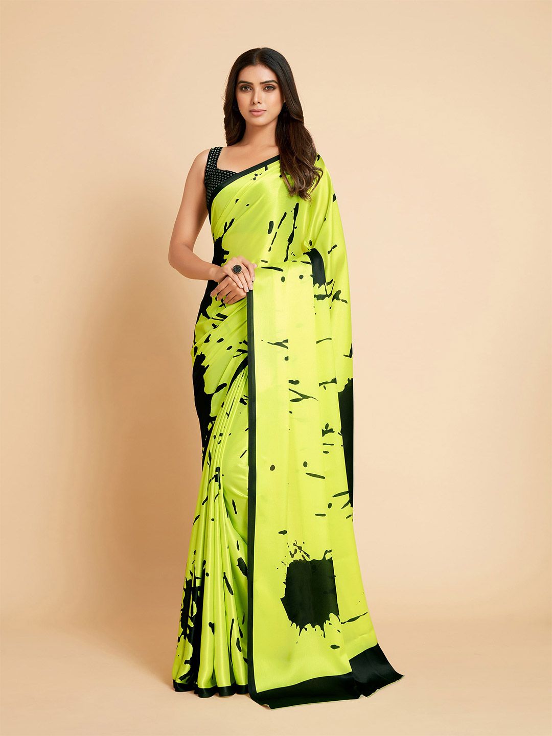 Sangria Lime Green & Black Satin Ready to Wear Saree
