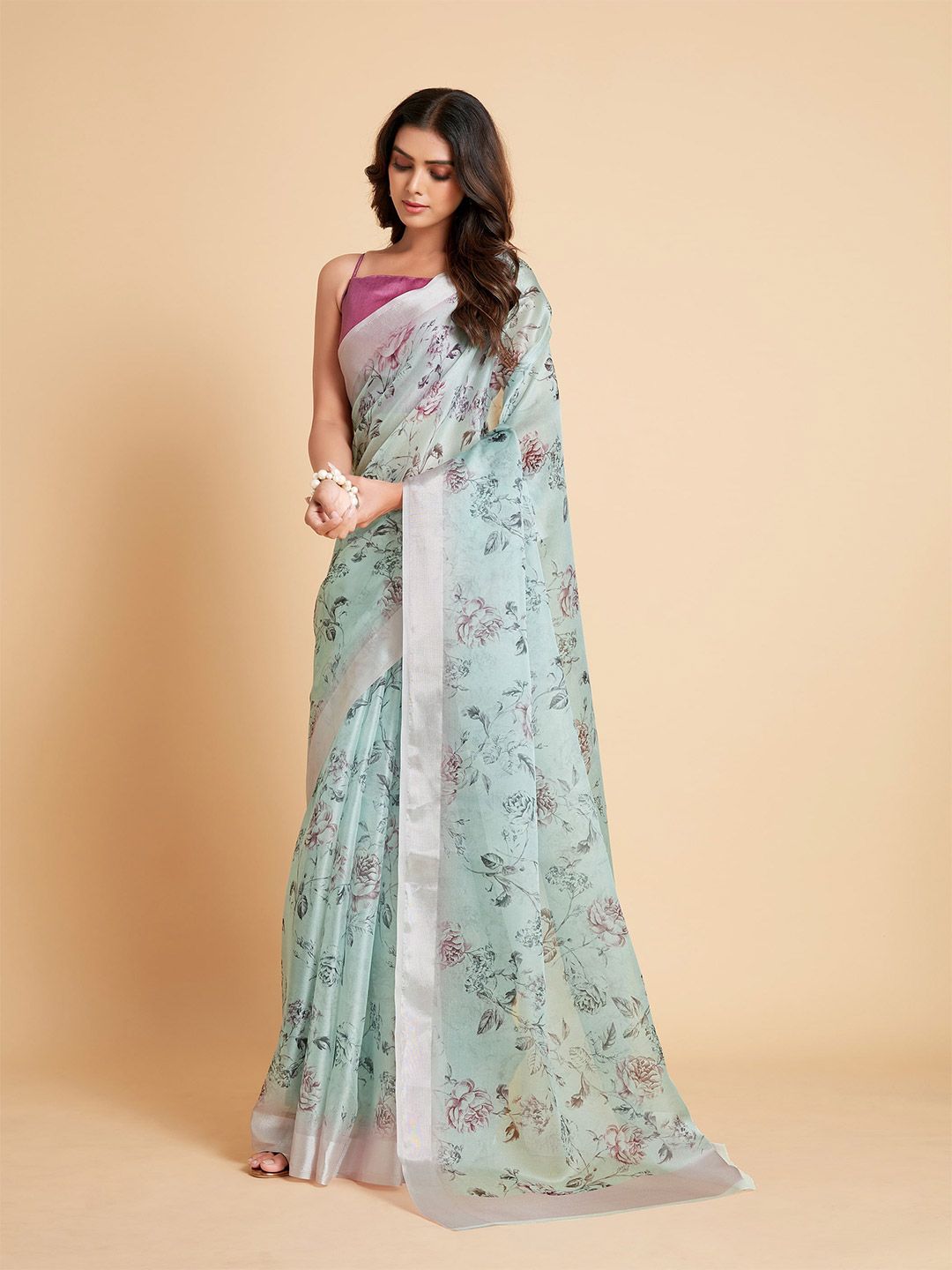Sangria Turquoise Blue & Silver-Toned Floral Organza Ready to Wear Saree Price in India