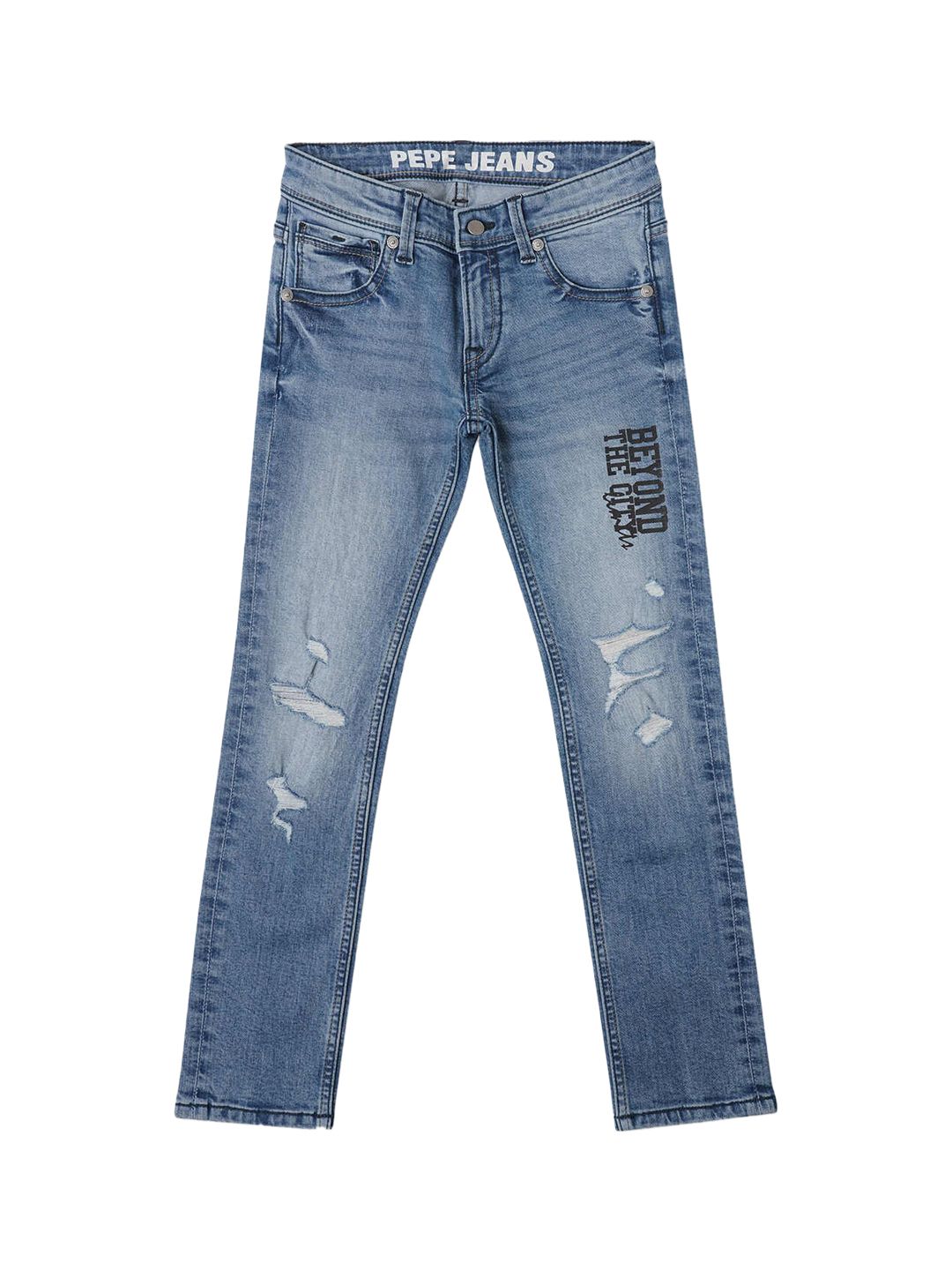 Pepe Jeans Boys Blue Slim Fit Highly Distressed Heavy Fade Stretchable Jeans