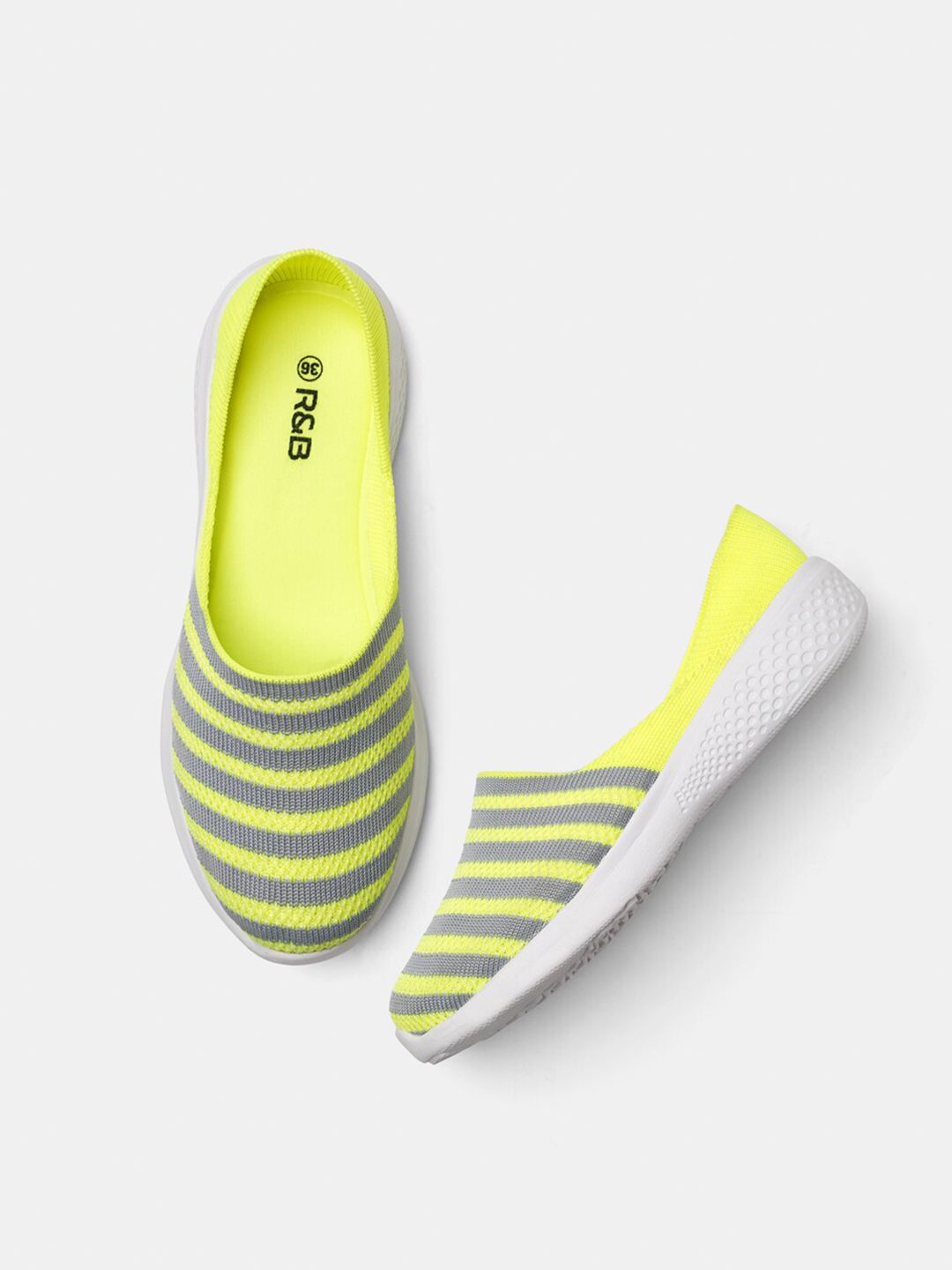 R&B Women Lime Green & Grey Striped PU Slip-On Sneakers Price in India