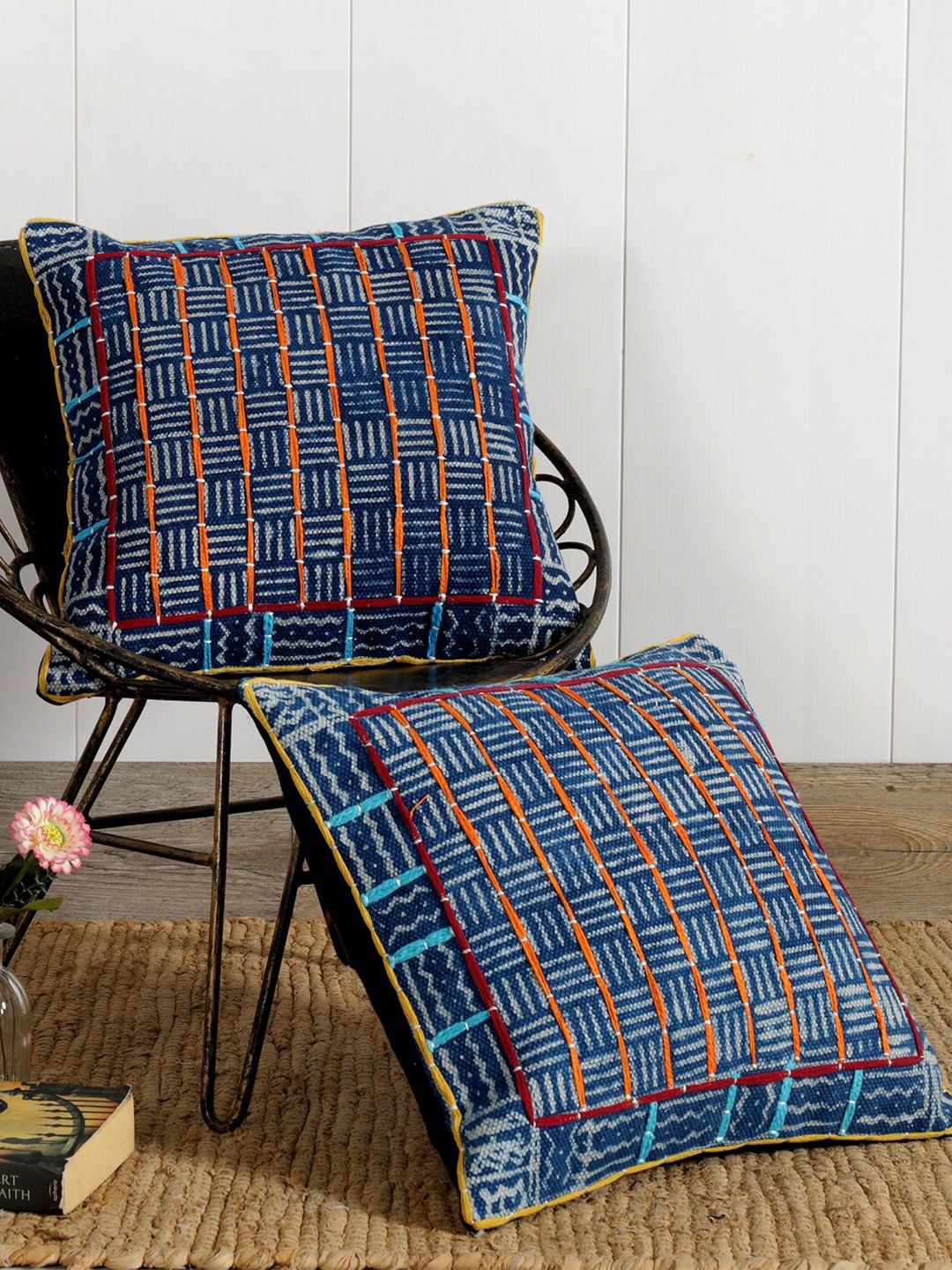 HANDICRAFT PALACE Blue & Orange Set of 2 Checked Square Cushion Covers Price in India