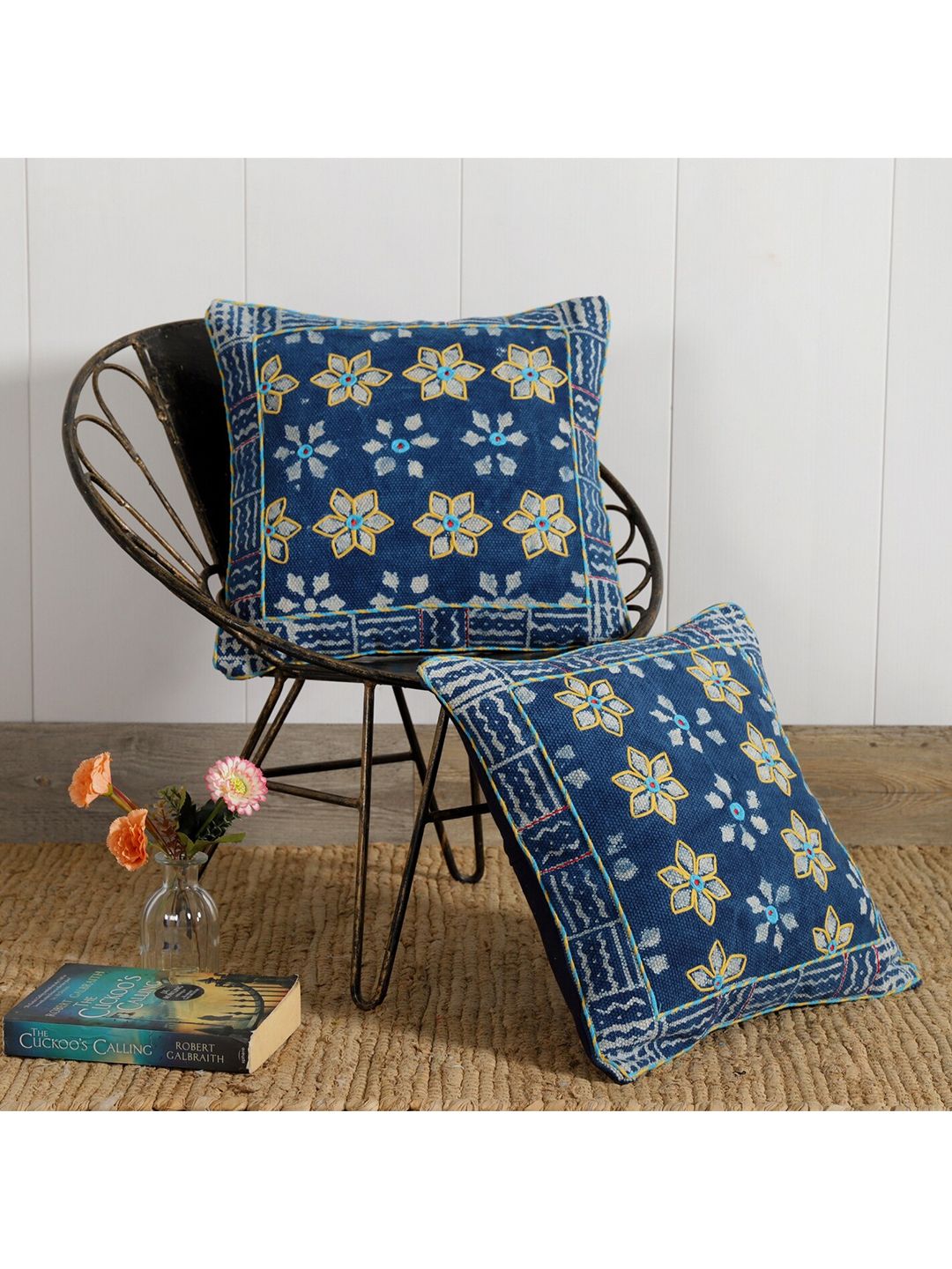 HANDICRAFT PALACE Blue & White Set of 2 Floral Square Cushion Covers Price in India