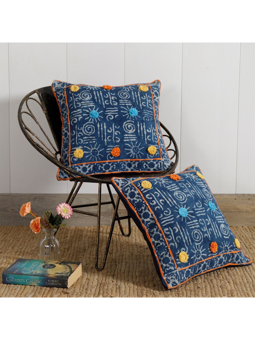HANDICRAFT PALACE Blue & Yellow Set of 2 Ethnic Motifs Square Cushion Covers Price in India