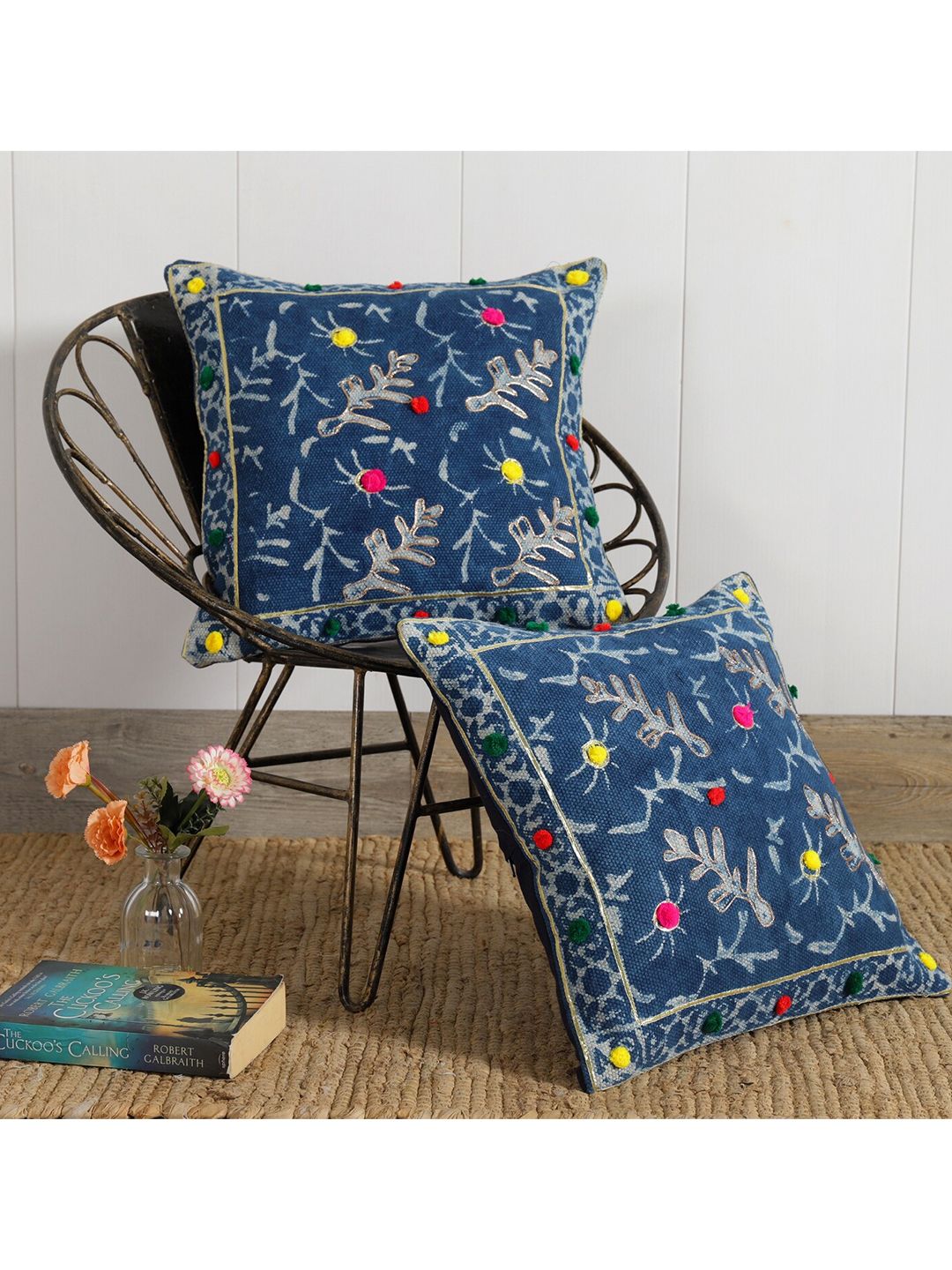 HANDICRAFT PALACE Blue & Yellow Set of 2 Floral Square Cushion Covers Price in India