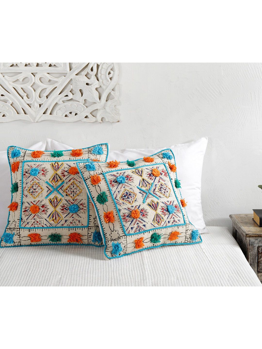 HANDICRAFT PALACE Off White & Blue Set of 2 Geometric Square Cushion Covers Price in India